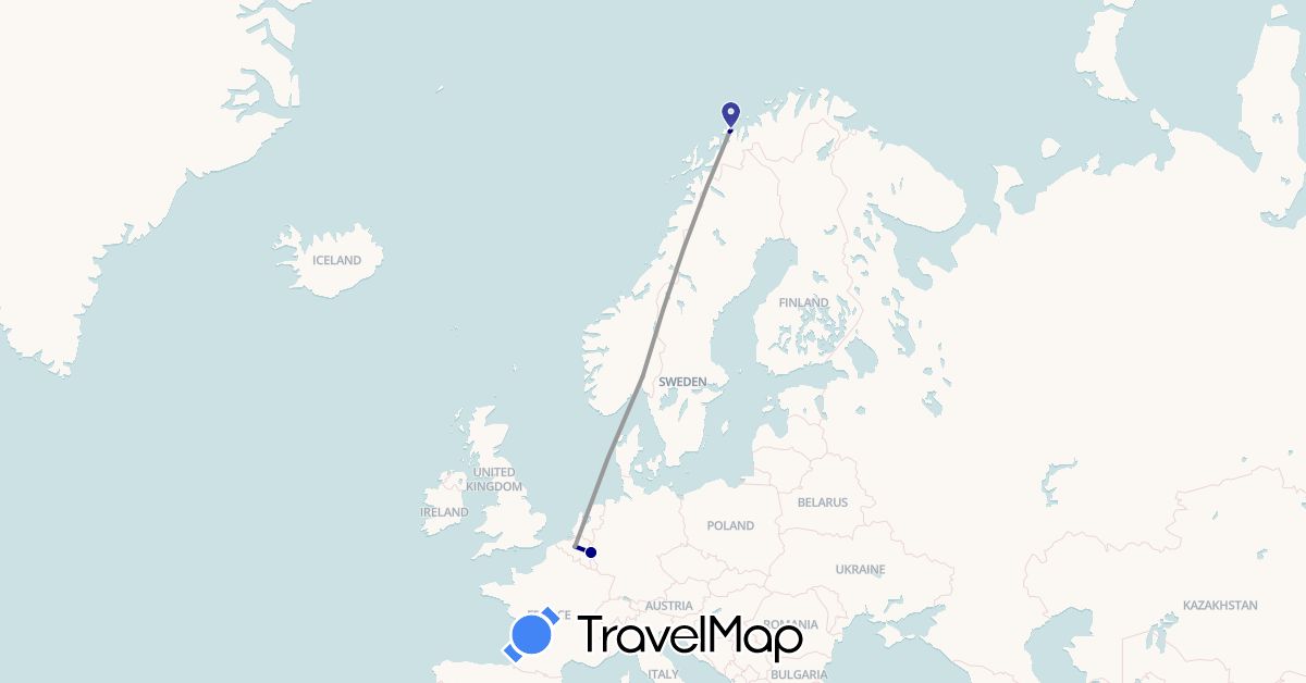TravelMap itinerary: driving, plane in Belgium, Norway (Europe)